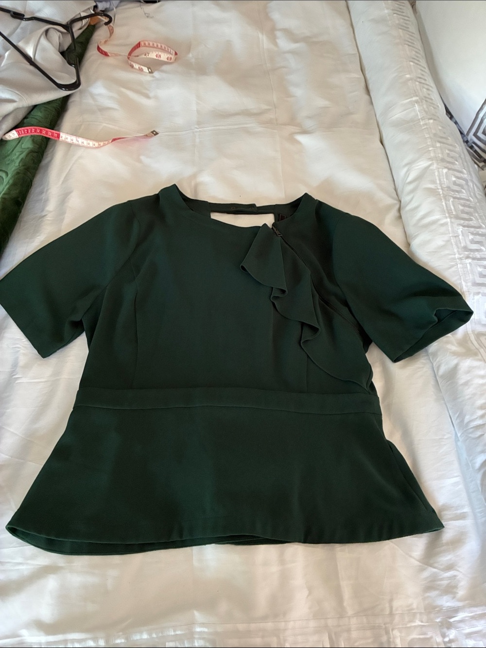 BCBGMaxAzria Forest Green Ruffle Peplum Short Sleeve Blouse